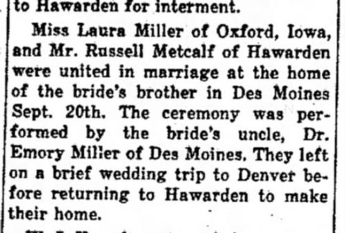 The Hawarden Independent (Sept 24, 1931) - Russell Metcalf & Laura Miller Wedding Announcement